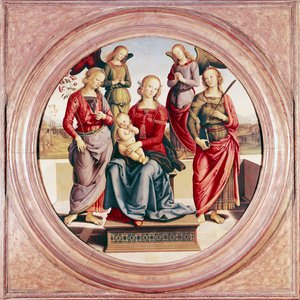 聖ローズとアレクサンドラのキャサリンを持つマドンナと子供 作： Pietro Perugino